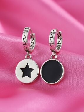 925 Sterling Silver Black Zircon Star and Disc Drop Hoop Earrings